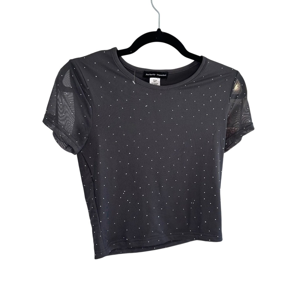 Perfectly Imperfect Charcoal Mesh Rhinestone‎ Crop Top Style S271 M